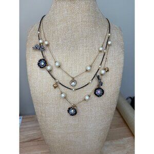 Betsey Johnson Multi-Layered Pearl & Crystal Necklace With Heart & Floral Charms